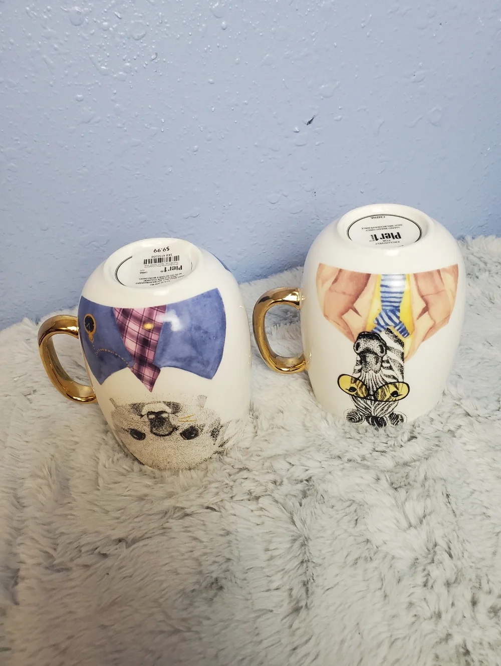 Set of 2 Pier 1 Imports Mugs: Zebra With Gold Handle and Koala With Gold Handle